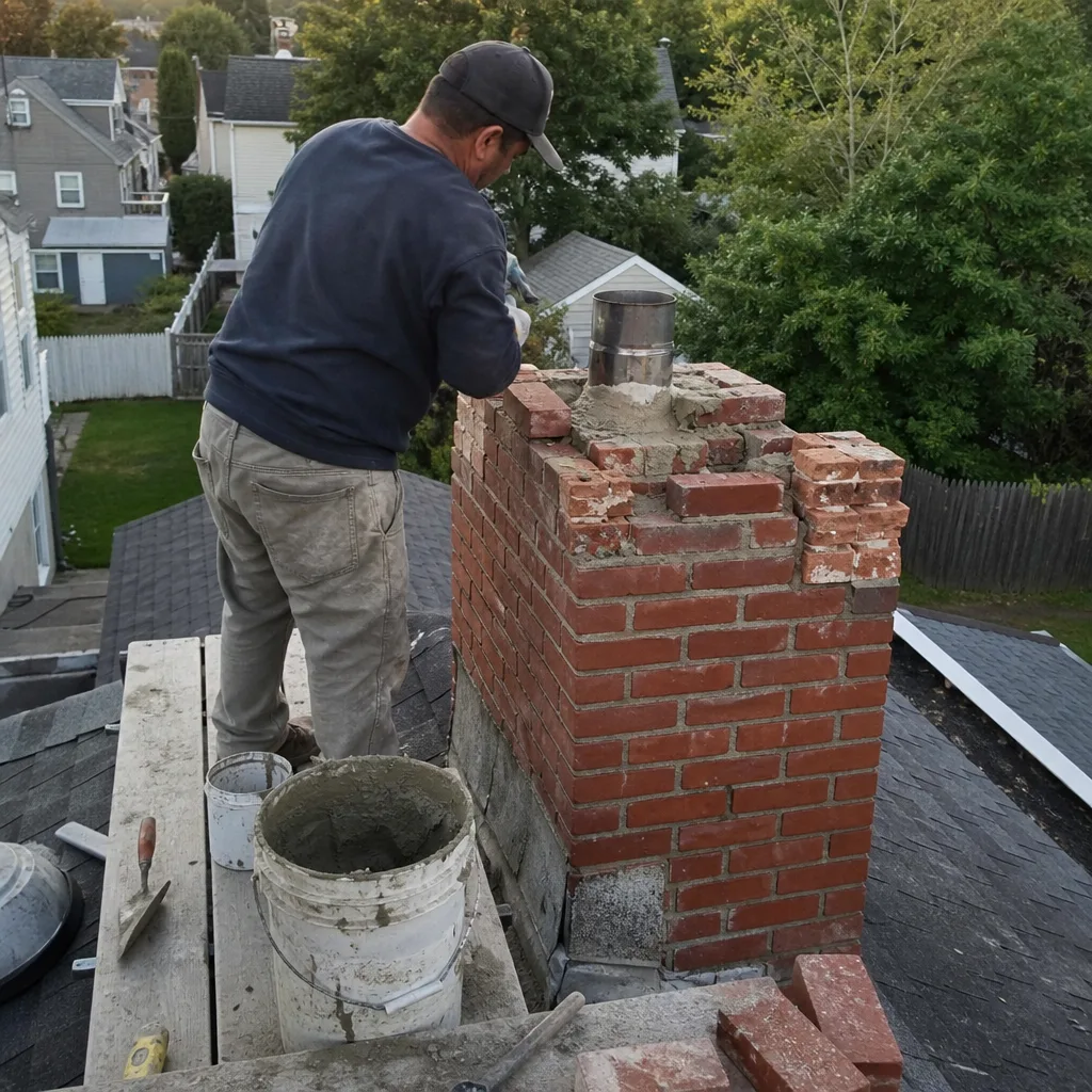 Professional masonry contractor performing brick chimney repair and mortar work on roof