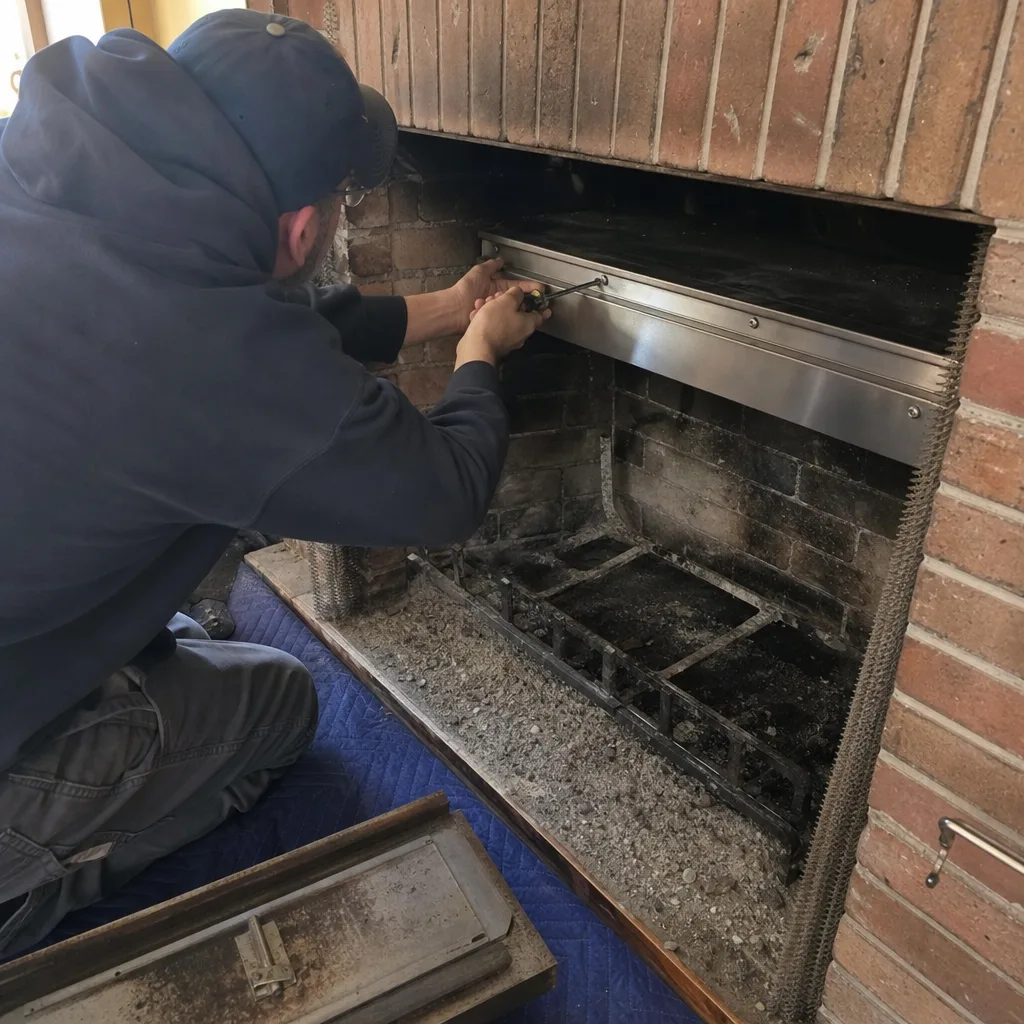 Professional chimney technician installing a fireplace component during routine maintenance