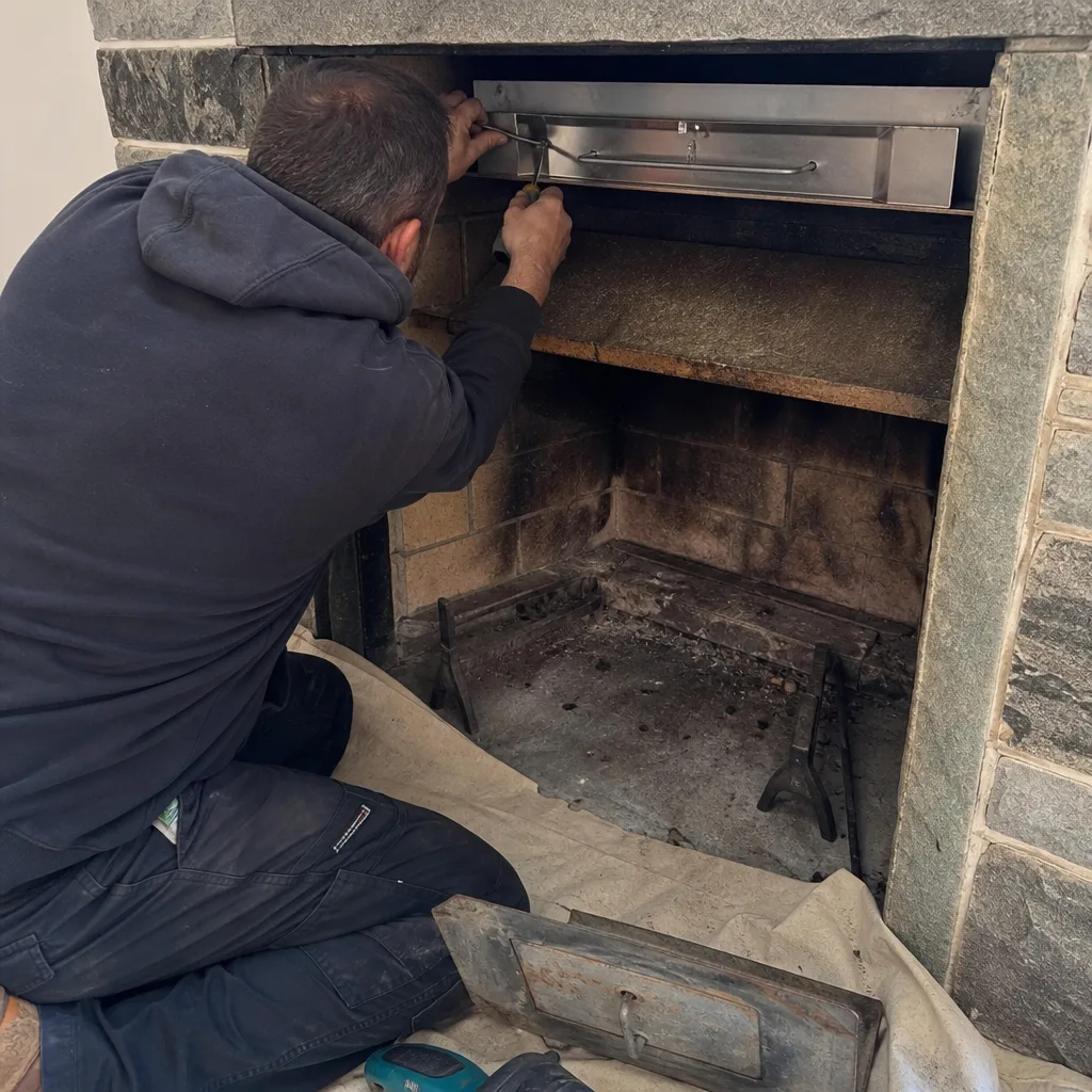 Professional technician repairing and servicing a residential stone fireplace