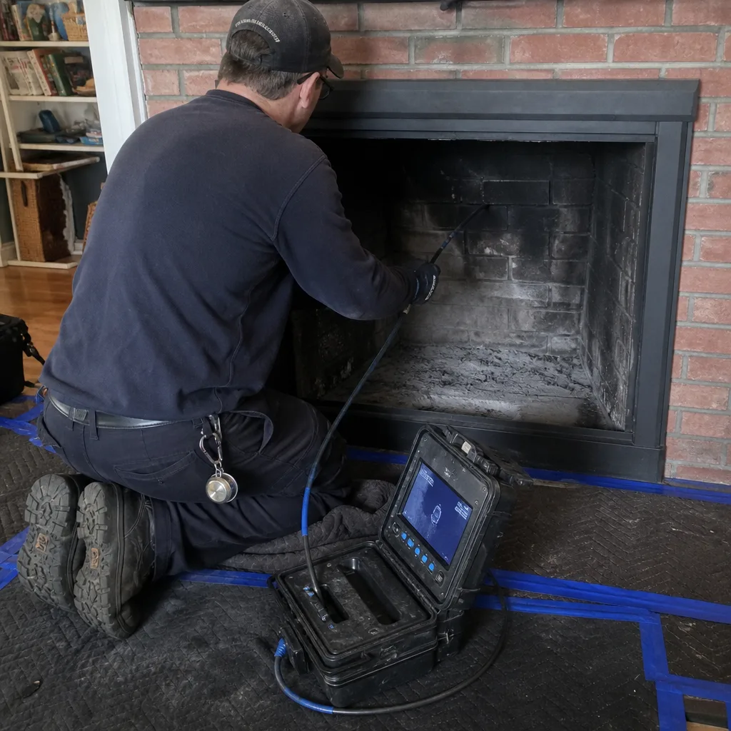Chimney sweep using a professional inspection camera inside a fireplace.