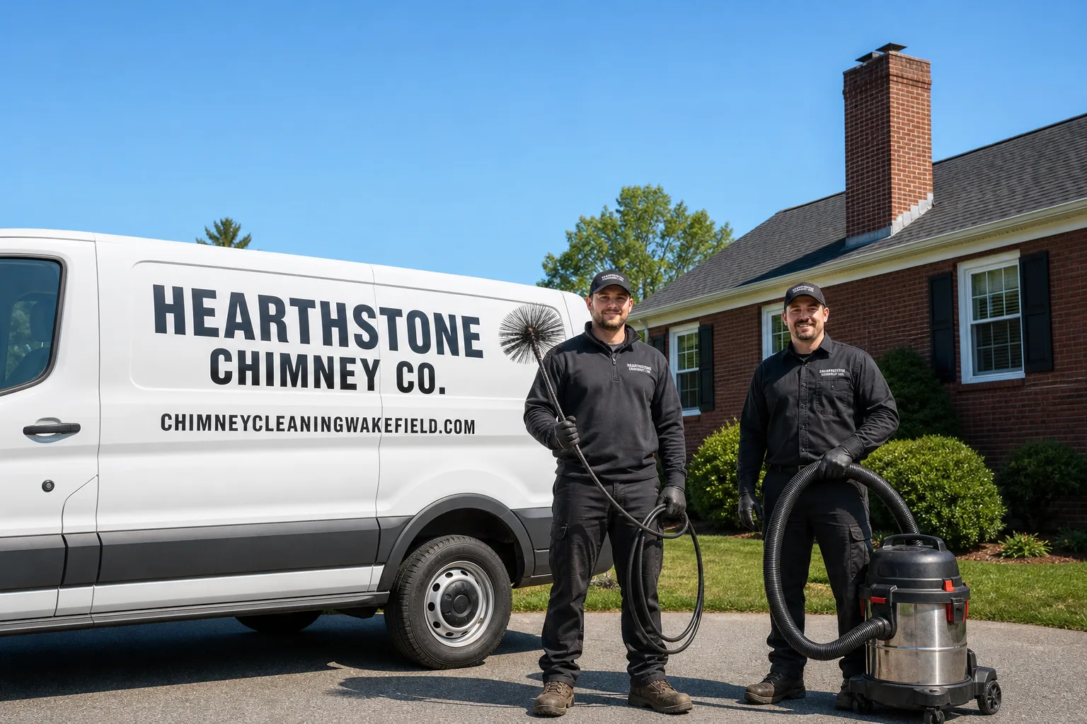 Hearthstone Chimney Co. chimney cleaning service vehicle and crew in Wakefield, MA